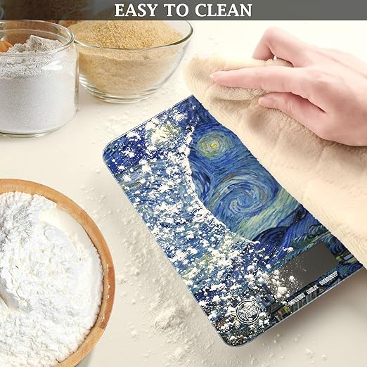 Food Scale Kitchen Digital Scale Food Ounces and Grams Dieting Baking Cooking Waterproof Glass Panels LCD Display,4 Units Scale Tare Function Vangogh Starry Night