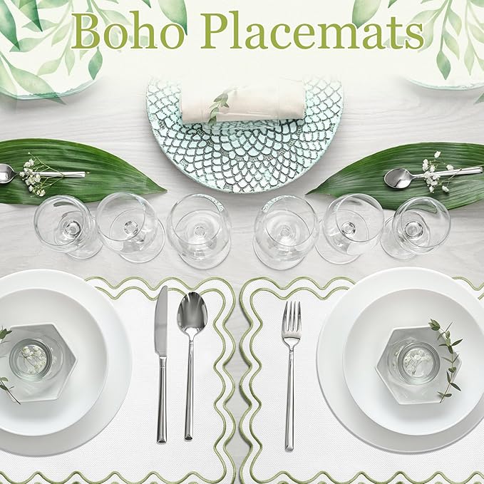 12 Set Linen Placemat 13x19 Wavy Embroidery Scalloped Placemat Double Layered Washable Farmhouse Dinner Table Mat Fabric Napkin for Christmas Hotel Restaurant Wedding Party(Grass Green)