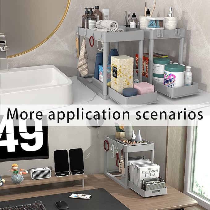 2PC Under Sink Organizer Rack 2 Tier Under Sliding Cabinet Basket Organizer Drawer with 4 Hooks, Multi-purpose Under Sink Storage for Bathroom Kitchen Desktop（Grey）