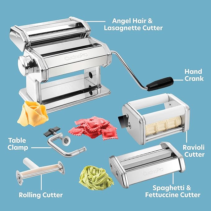 Pasta Maker Deluxe Holiday Set- Stainless Steel Machine w 3 Interchangeable Attachments- Make 5 Different Pastas- Spaghetti Fettuccini Angel Hair Noodle Ravioli Lasagnette- Durable Cutters, Xmas Gift