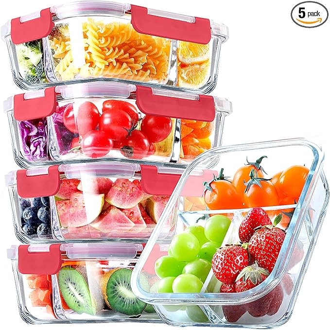 VERONES 5 Pack Glass Meal Prep Containers 3 Compartment Set, 36OZ Airtight Glass Lunch Containers, Glass Food Storage Containers with Lids, for Microwave, Oven, Freezer & Dishwasher Friendly,Red
