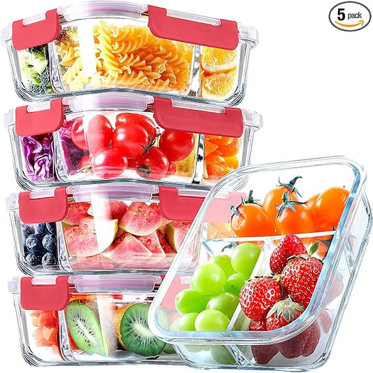 VERONES 5 Pack Glass Meal Prep Containers 3 Compartment Set, 36OZ Airtight Glass Lunch Containers, Glass Food Storage Containers with Lids, for Microwave, Oven, Freezer & Dishwasher Friendly,Red