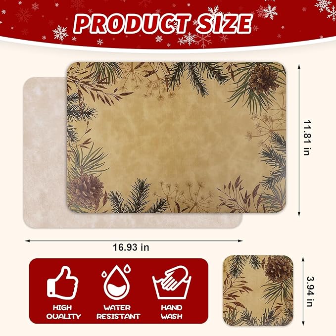 Le courant 16.9in 6PACK Christmas Pinecone Placemats with 6 Coasters, Reversible Faux Leather Easy Clean Waterproof Stain Resistant Place Mats, for Home Party Dining Holiday Table Decor