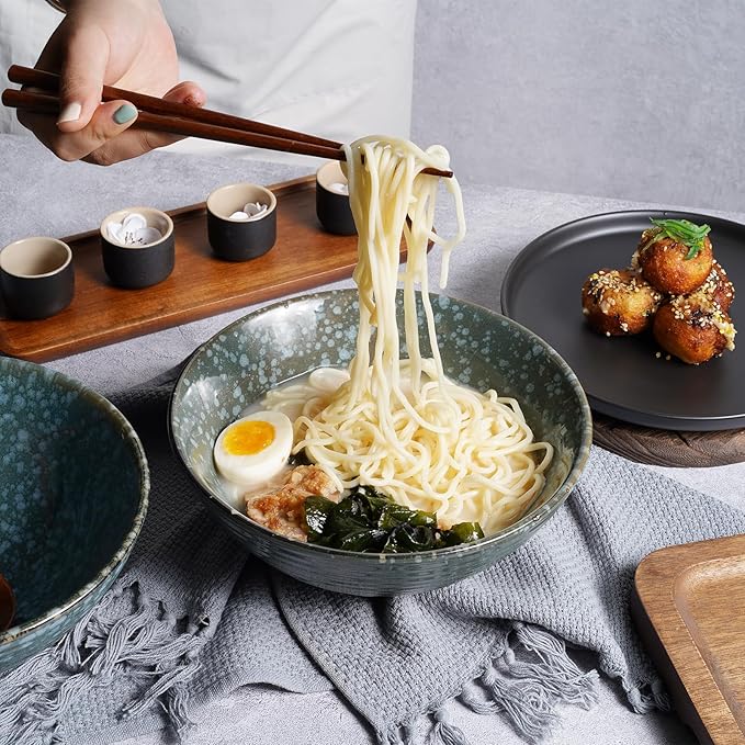 NUTRIUPS 8 Inch Ceramic Ramen Bowl Set of 2 Pho Bowls Japanese Noodle Udon Soup Bowls with Spoons and Chopsticks (Emerald)