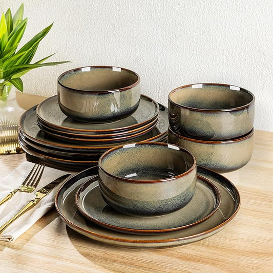 TheTerra Ceramic Dinnerware Sets for 4, 12 Pieces Handmade Reactive Glaze Plates and Bowls Set, Scratch Resistant Dish Set, Oven & Microwave & Dishwasher Safe