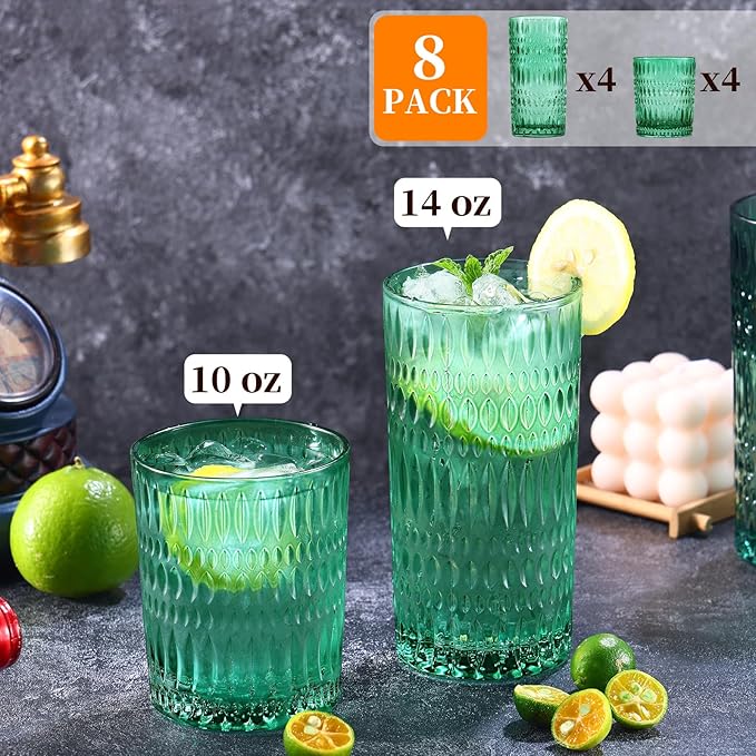 Glassware Drinking Glasses Set of 8, 14 oz Highball Glasses & 10 oz Ribbed Glass Cups, Vintage Glassware for Water, Juice, Cocktail, Whiskey (Atroviens)