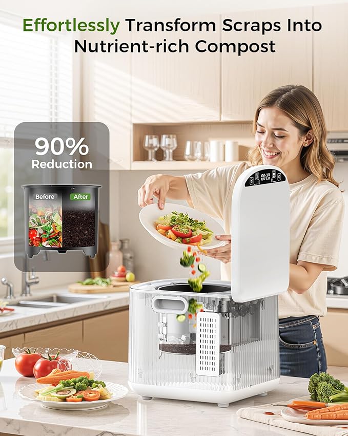 Electric Composter for Kitchen, 2.5L (Max 3.3L) Smart Countertop Compost Bin with Auto-Cleaning | Odorless | Low Noise | LED Display, Turns Food Waste to Fertilizer, Food Composter for Home