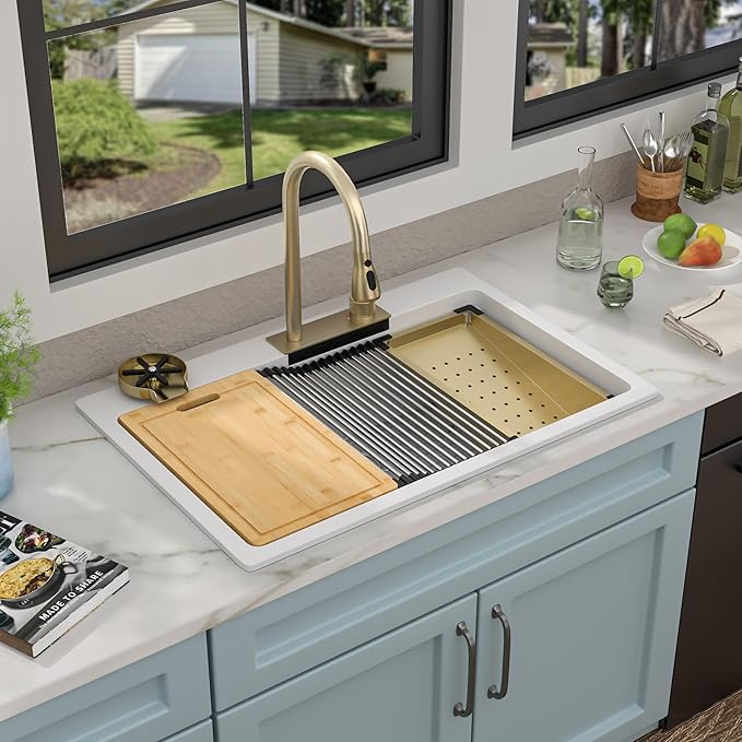 33"x22" Waterfall Kitchen Sink Workstation - White Granite Composite Quartz Classic Drop In Topmount Single Bowl Multifunction Smart Waterfall Sink with Faucet Combo & Glass Rinser