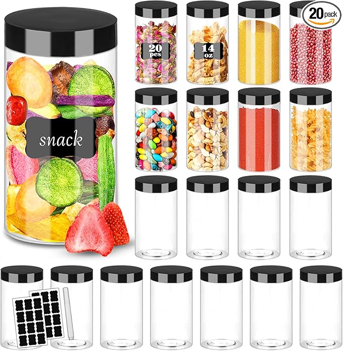Plastic Jars with Lids 20Pcs 14 oz Clear Plastic Slime Storage Jars Containers with Airtight Leak Proof Black Plastic Screw On Lids Cylinder Clear Round Jar Food Grade Durable PET Jar