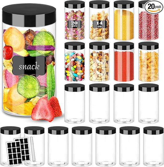 Plastic Jars with Lids 20Pcs 14 oz Clear Plastic Slime Storage Jars Containers with Airtight Leak Proof Black Plastic Screw On Lids Cylinder Clear Round Jar Food Grade Durable PET Jar