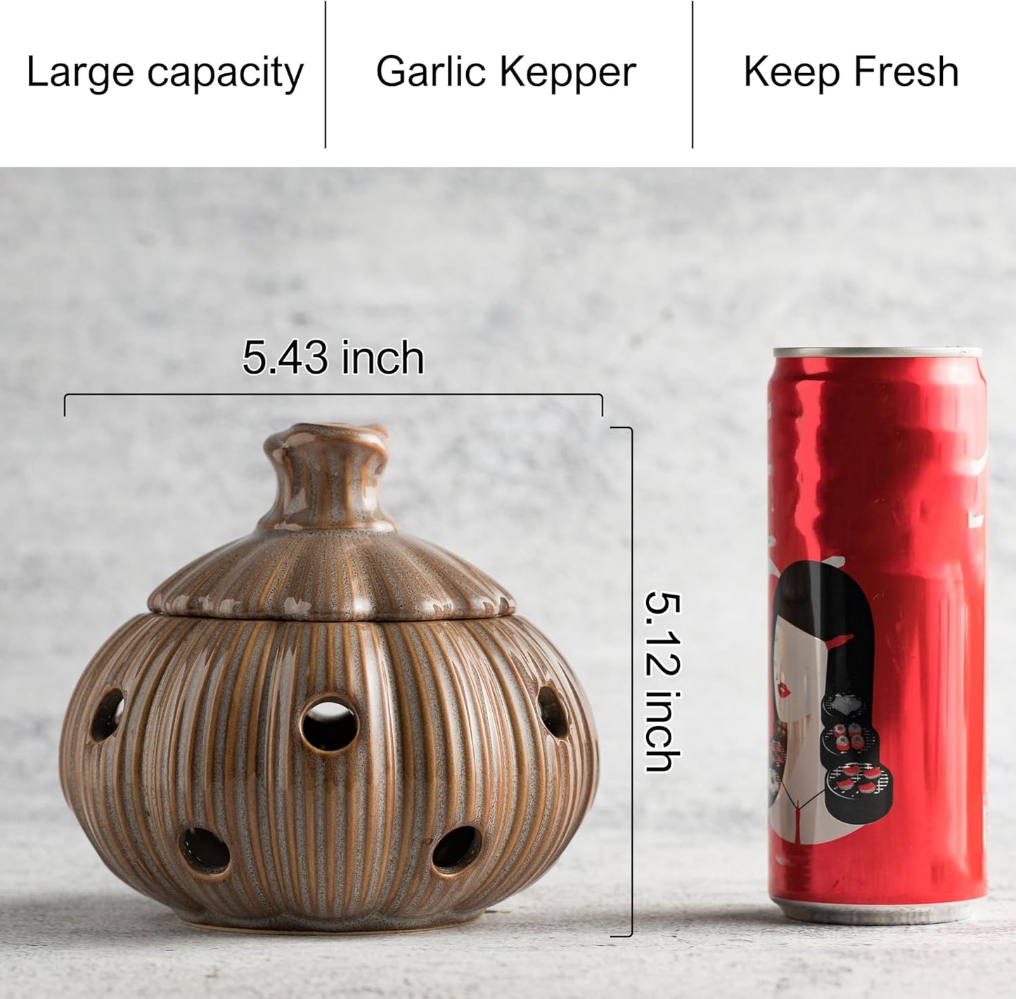 Ceramic Garlic Keeper with Lid and Holes Garlic Saver and Storage Framhouse Decor Keep Gralic Cloves Dry and Fresh, Grey