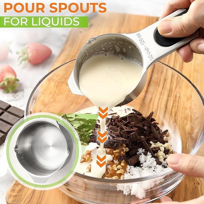 Spring Chef Magnetic Stainless Steel Measuring Cups, Patented, Kitchen Tools with Easy to Read Markings for Measuring Dry or Liquid Ingredients, Set of 7, Black