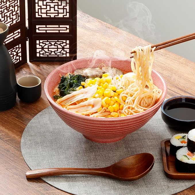NUTRIUPS 8 Inch Ceramic Ramen Bowl Set of 2 Pho Bowls 40oz Japanese Noodle Udon Soup Bowls with Spoons and Chopsticks (pink)