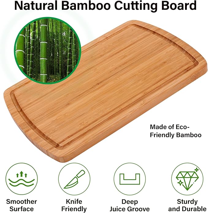 Bamboo Cutting Board Set of 2 - Double-Sided Cutting Board with Juice Groove for Kitchen, Bamboo Serving Board Chopping Board for Meat, Vegetables and Cheese