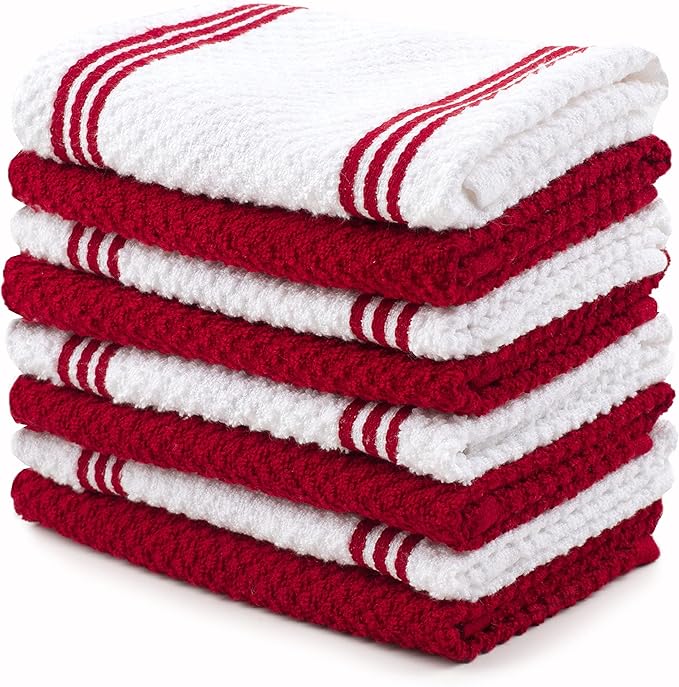 Sticky Toffee Cotton Dishcloths Set of 8 – Red and White Dish Towels 12x12 in, Reusable and Absorbent Tea Towels for Cleaning or Drying, Oeko-Tex Cotton