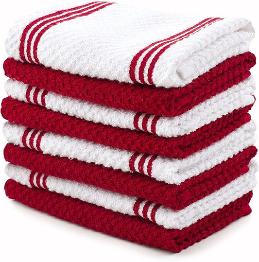 Sticky Toffee Cotton Dishcloths Set of 8 – Red and White Dish Towels 12x12 in, Reusable and Absorbent Tea Towels for Cleaning or Drying, Oeko-Tex Cotton