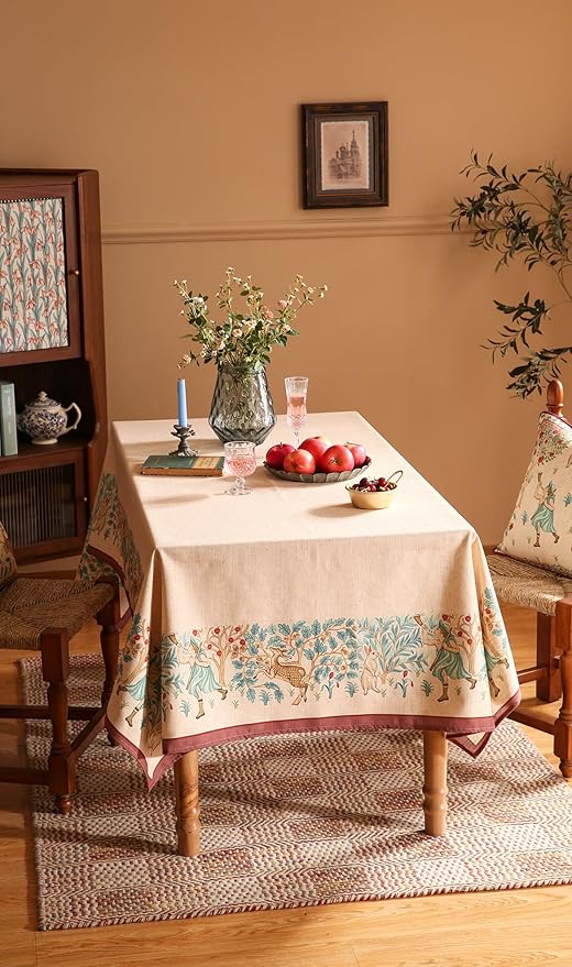 patdrea Designer Beige Tablecloth for Rectangle Tables,Vintage Elegant French Linen with Trees and Kid Pattern Table Cloth,Farmhouse Table Cover Cloth Decor for Kitchen Dining Christmas,63"*110"