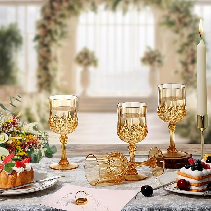 XUWAIDSGN 24 Pcs 7oz Plastic Vintage Wine Glasses Drinking Glasses Unbreakable Wedding Glassware Crystal Water Goblets Reusable Drinkware Vintage Champagne Flutes (24, Amber)