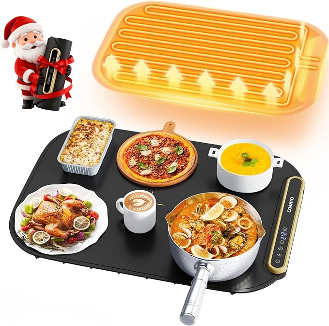 Coanto Food Warming Mat, Electric Warming Tray for Buffets & Parties, Silicone Heating Mat with 7 Temperature Settings, Roll-Up Storage, 17.91"x12.8", Black
