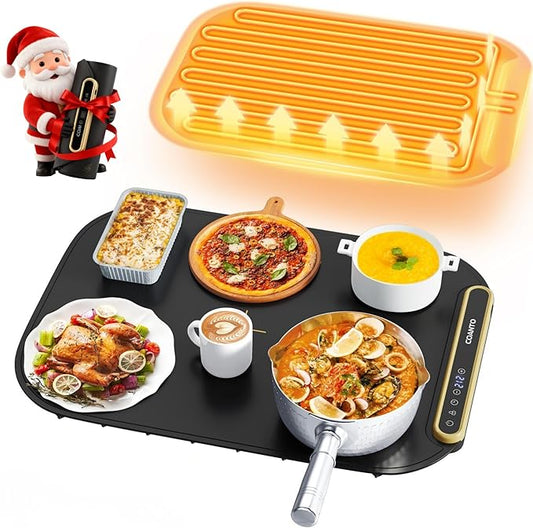 Coanto Food Warming Mat, Electric Warming Tray for Buffets & Parties, Silicone Heating Mat with 7 Temperature Settings, Roll-Up Storage, 17.91"x12.8", Black