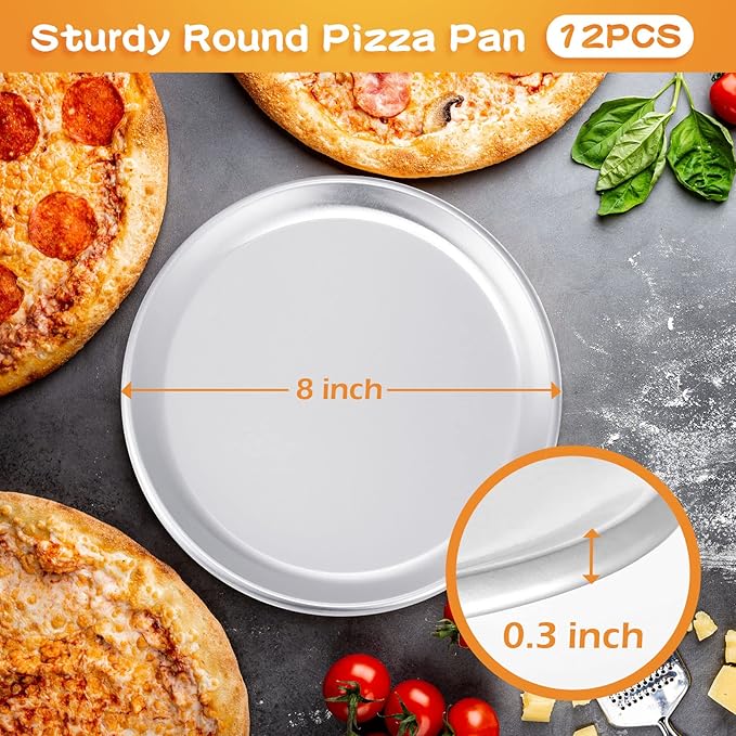 12 Pieces Pizza Pan Bulk Restaurant Aluminum Pizza Pan Set Round Pie Cake Plate Rust Free Cake Tray for Oven Baking Home Kitchen Restaurant Easy Clean(8 Inch)