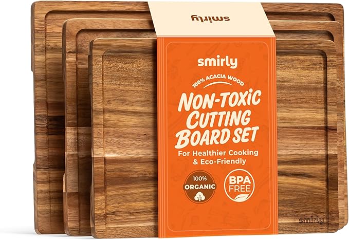 SMIRLY Wood Cutting Board, Bamboo Cutting Board Set, Chopping Board and Wooden Cutting Boards for Kitchen, Small Wood Cutting Board and butcher block (Acacia Wood, 3 Pack)