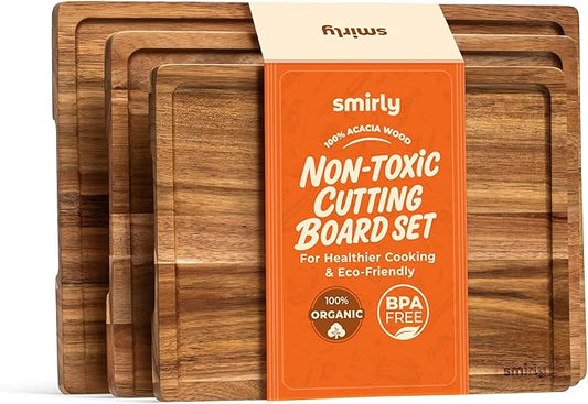 SMIRLY Wood Cutting Board, Bamboo Cutting Board Set, Chopping Board and Wooden Cutting Boards for Kitchen, Small Wood Cutting Board and butcher block (Acacia Wood, 3 Pack)