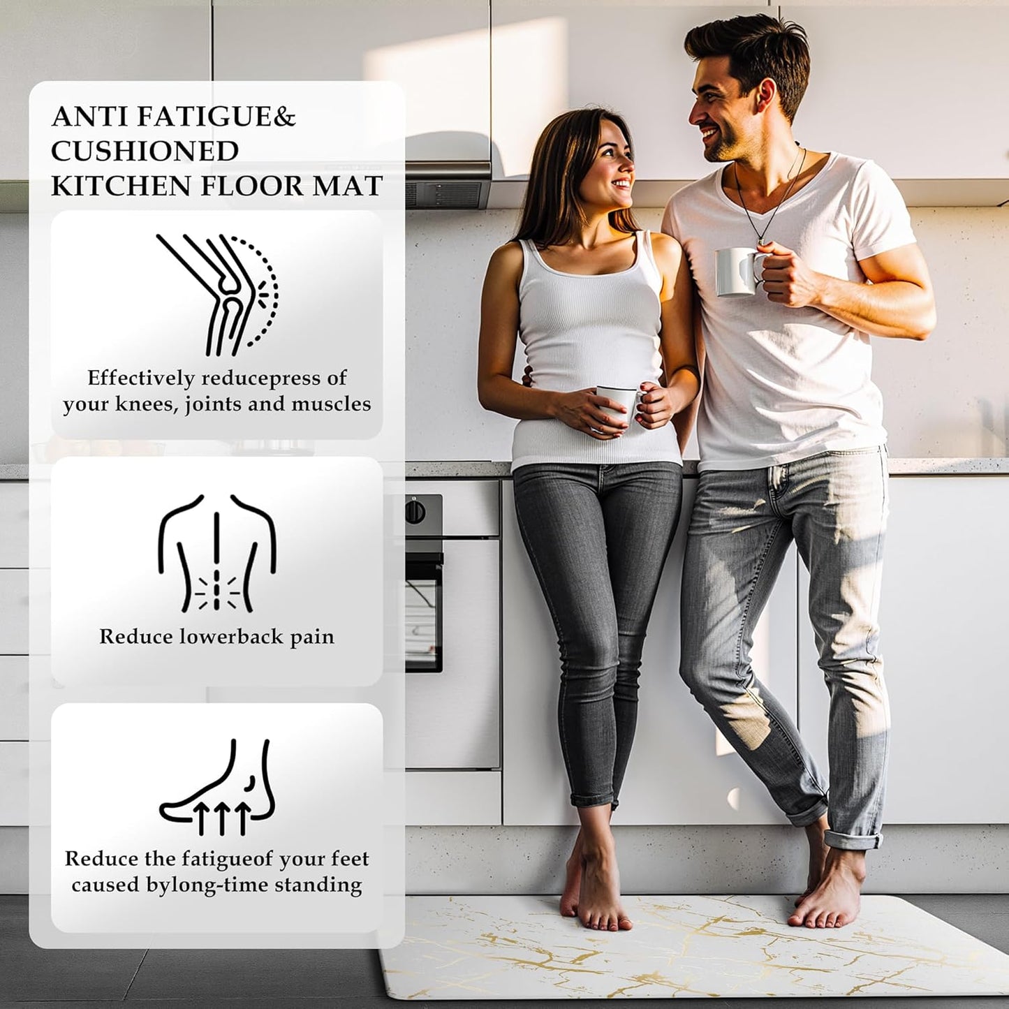 Gold Foil Stamped Marble Kitchen Mats for Floor 2PCS Cushioned Anti Fatigue Non Slip Waterproof Comfort Leather Kitchen Rugs 2/5 Inch PVC Kitchen Mats for Sink, Laundry, 17.3"x28"+17.3"x59",White