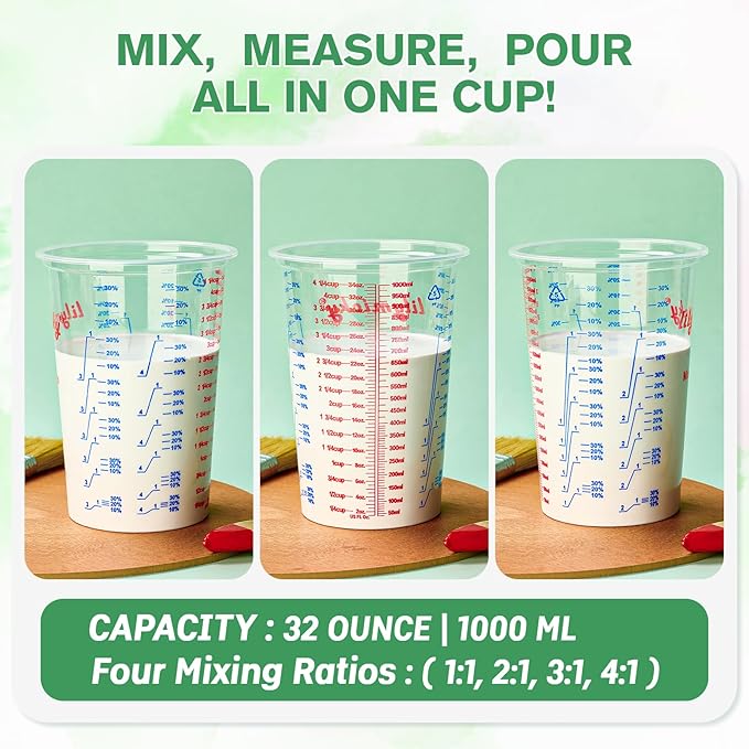 50 PACK Plastic Measuring Cups, 32 oz (1000ml) Disposable Mixing Cups, Measurement ratios: 2:1, 3:1, 4:1, Perfect for Epoxy Resin, Paint Mixing, Art DIY