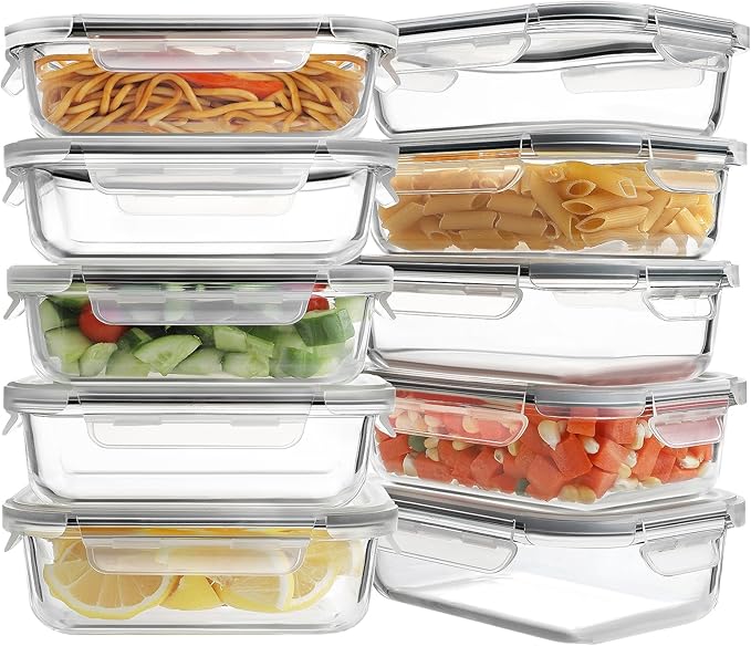 HOMBERKING 10 Pack 22oz Glass Meal Prep Containers, Food Storage Containers with Lids, Airtight Lunch Bento Boxes, BPA-Free & Leak Proof (10 lids & 10 Containers) - Grey