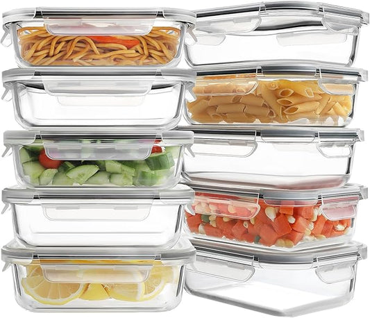 HOMBERKING 10 Pack 22oz Glass Meal Prep Containers, Food Storage Containers with Lids, Airtight Lunch Bento Boxes, BPA-Free & Leak Proof (10 lids & 10 Containers) - Grey
