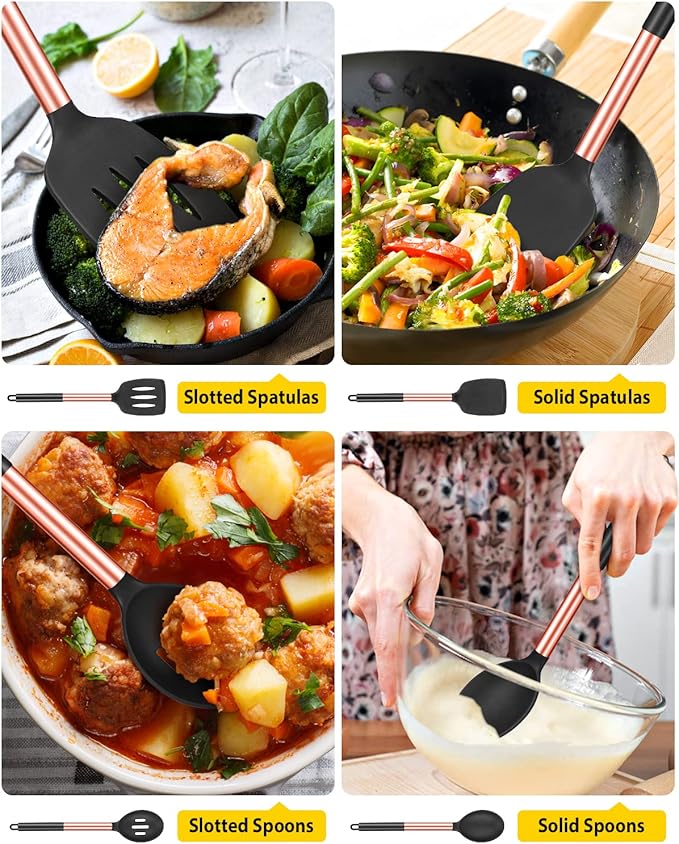 Pack of 4 Silicone Cooking Utensils Set, Non Stick Large Solid Spatulas, Heat Resistant Rose Gold Black Slotted Spoons, Ideal BPA Free Kitchen Turners for Frying, Mixing,Serving,Draining,Turning