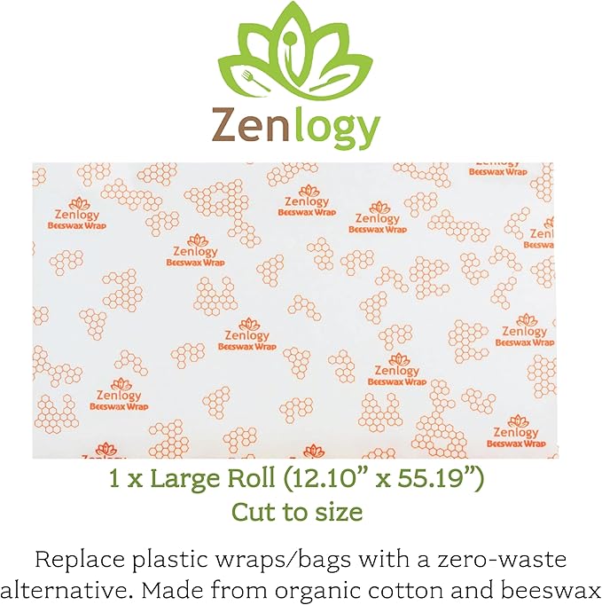 Zenlogy Reusable Beeswax Food Storage Wrap, Eco Friendly Alternative, Sustainable Organic Cut to Size Cotton Beeswax Wraps, 1 Roll, 13in x 55in (33cm x 140cm)