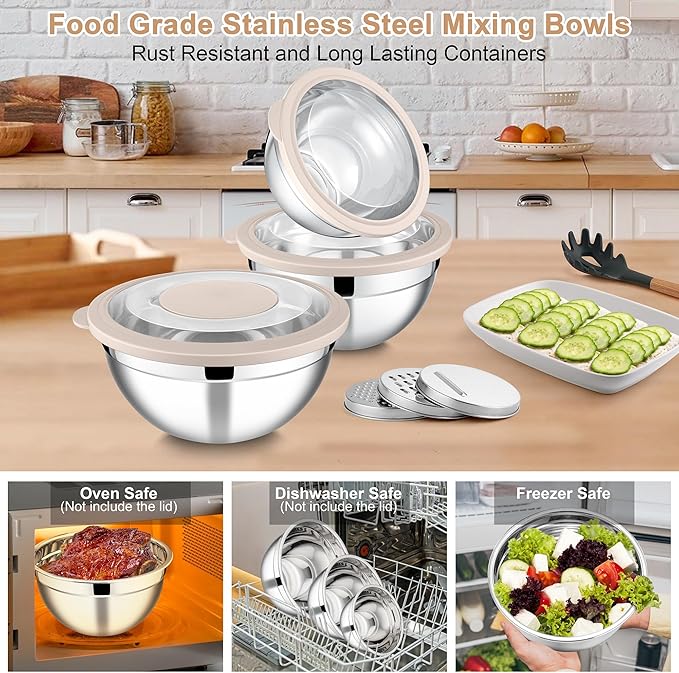 E-far Mixing Bowls with Lids and Graters, Stainless Steel Salad Mixing Bowl with Transparent Lid Set of 3, Metal Nesting Salad Storage for Kitchen Prepping/Serving/Baking, 4.6/2.6/1.5QT - Khaki