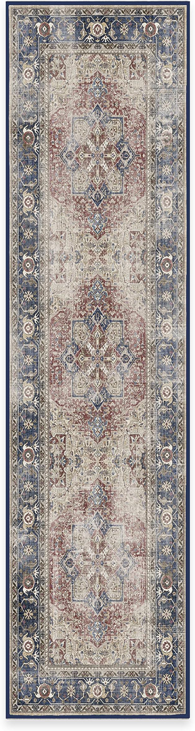 RUGGABLE Washable Vintage Runner Rug – Kamran Royal Blue 2.5x10, Stain-Resistant, Non-Slip Hallway Runner – Machine Washable Rug for Hallway, Entryway, Living Room & Kitchen–with Standard Pad
