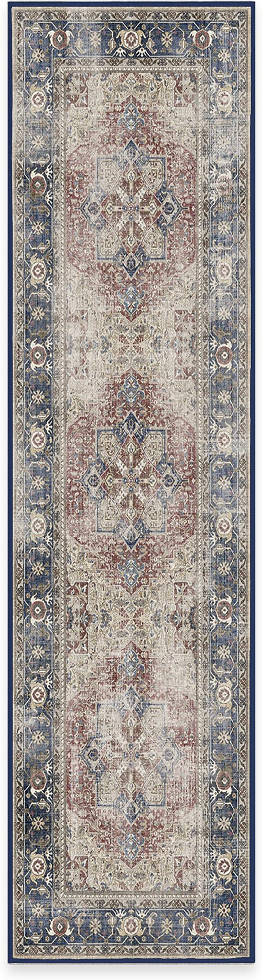 RUGGABLE Washable Vintage Runner Rug – Kamran Royal Blue 2.5x10, Stain-Resistant, Non-Slip Hallway Runner – Machine Washable Rug for Hallway, Entryway, Living Room & Kitchen–with Standard Pad