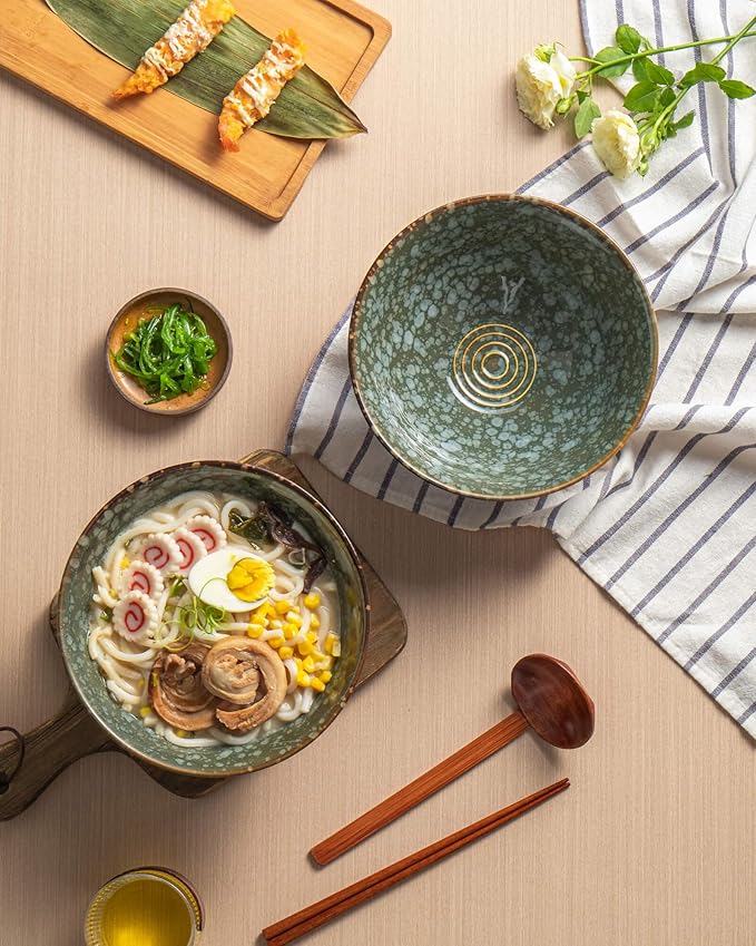 8 Inch 40oz Large Japanese Ramen Bowl Set of 2,Material Safety Ceramic Ramen Bowls with Matching Chopsticks and Spoons, Pho Bowls Ramen Noodle Bowl for Asian Udon Soup Salad Cereal(Green)