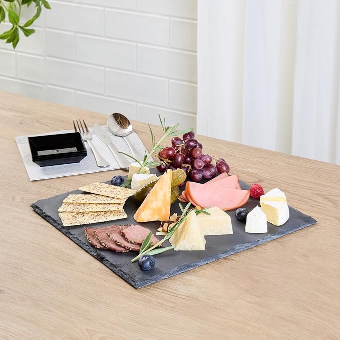 Restaurantware Slate Serving Trays 4 Pack of 12 x 12" Foam Feet Charcuterie Stone Plates Rustic Edges Freezable Black Square Serving Display Cheese Boards for Kitchen, Gourmet, Dining, Parties