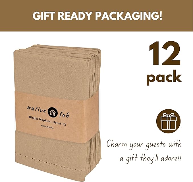 Native Fab Cotton Cloth Napkins, 18 x 18 inch, Set of 12, Hemstitch Tailored Corners, Soft, Absorbent, Washable Fabric, Table Napkins for Fall, Thanksgiving, Holiday, Dinner, and Everyday Use - Beige