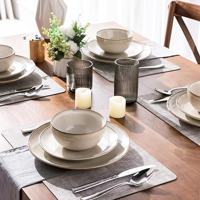 GBHOME Ceramic Dinnerware Sets for 8, 24 Pieces Stoneware Plates and Bowls Sets, Reactive Glaze Dishes -Scratch Resistant, Dishwasher&Microwave Safe-Cappuccino