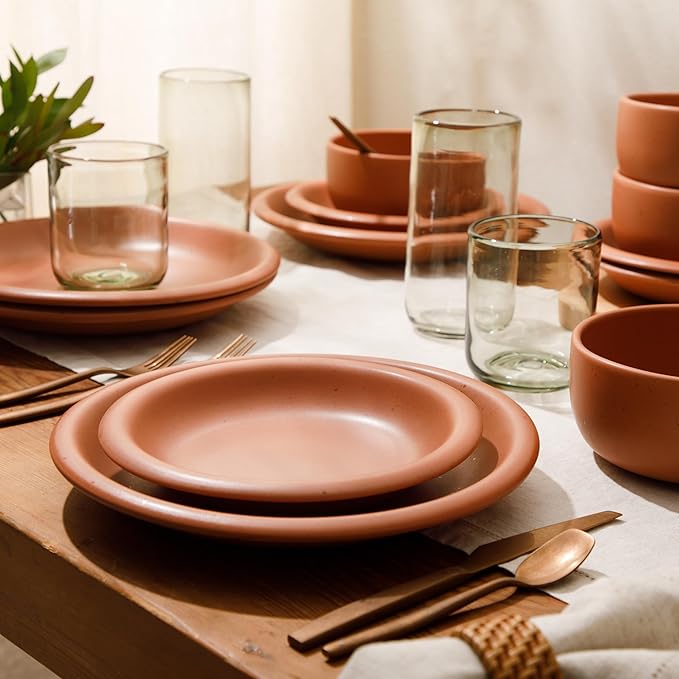 Bloomhouse - Two Time Oprah's Favorite Things Winner - Corsica Clay 12-Piece Stoneware Rustic Reactive Glaze Dinnerware Set - Stackable Plates Bowls Set Service for 4 - Matte Burnt Apricot Terracotta