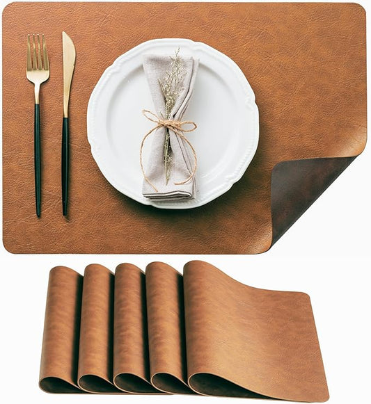 DOLOPL Thanksgiving Placemats Set of 6 Reversible Dual-Color Table Placemats – Heat Resistant Wipeable & Washable Place Mats, Luxury Faux Leather Table Mats for Table Decor(Reddish Brown & Brown)