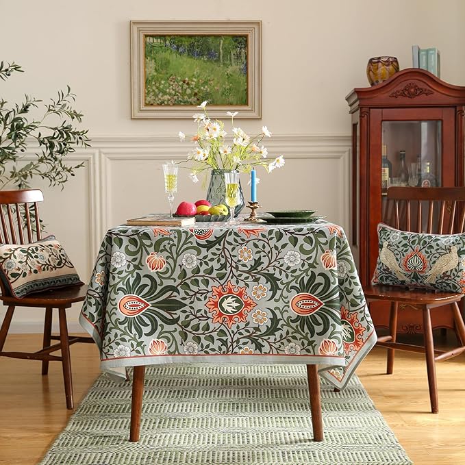 French Tablecloth for Rectangle Tables,Linen Table Cloth with Colorful Flowers Pattern,Heavy Durable Table Cover for Dining Thanksgiving Kitchen Decor Party Banquet Christmas,63"*102"