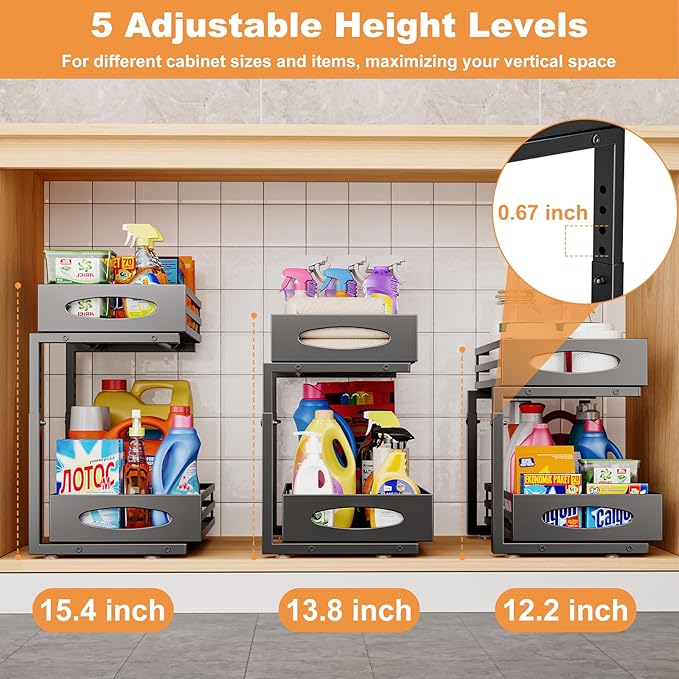 Under Sink Organizer, 2 Tier Under Sink Organizers and Storage, Adjustable Height, Slide out Metal Cabinet Organizers, Pull out Cabinet Storage Drawer Shelf for Kitchen Bathroom Black, 1 Pack