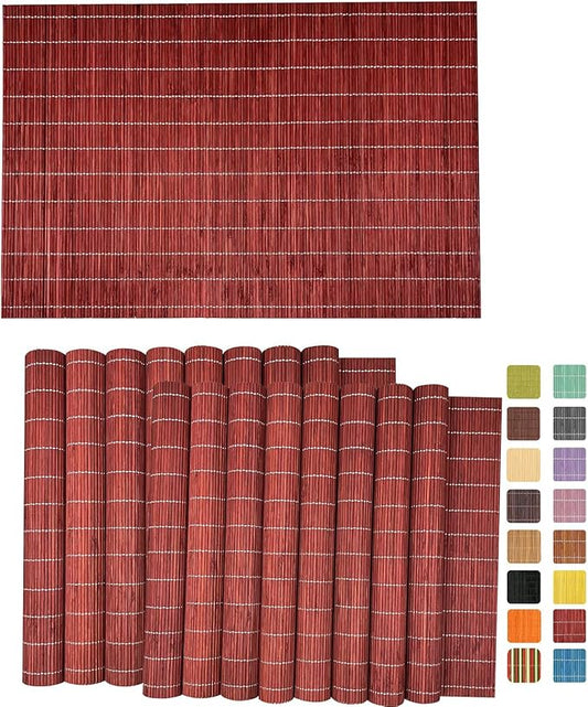 ANDSTAR Set of 24 Bamboo Placemats 17.7X11.8Inch Sushi Rolling Mat Japanese Style Bamboo Mat Natural Place Mats Washable Heat Resistant Table Mats for Dinner Dining Table Wedding Parties（Red）