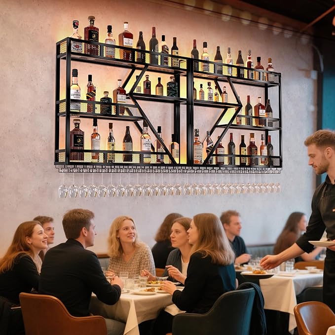 79 Inch Metal Wine Rack Wall Mounted with LED Light, Large Capacity Hanging Wine Bottles Display Shelf with Glasses Holder, for Home Bar Kitchen, Living Room