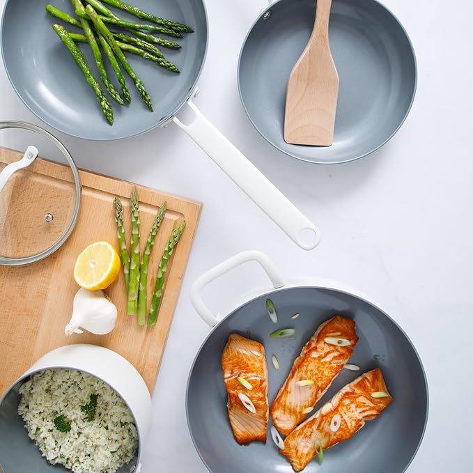 Martha Stewart Emmeline Premium Nonstick PFA Free Ceramic Interior 12 Piece Heavy Gauge Enamel Aluminum Pots and Pans Cookware Set - Linen White