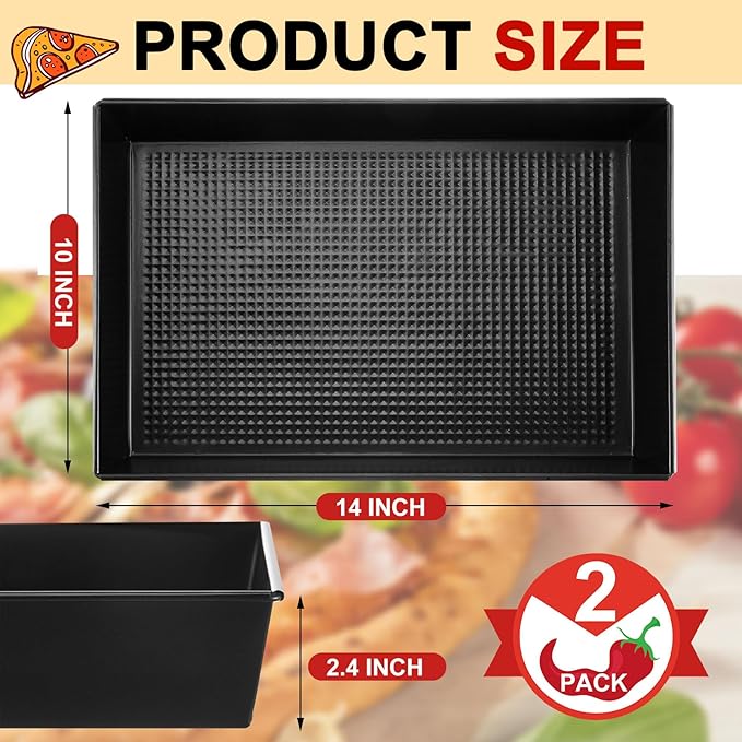 2 Pcs Detroit Style Pizza Pan 10 x 14 x 2.36 Inch Non Stick Rectangle Deep Pizza Pans Pre Seasoned Carbon Steel Sicilian Style Pan Dish Bakeware Kitchenware