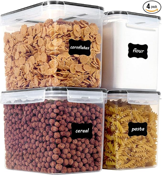 Vtopmart Food Storage Containers 3.3 quart / 3.6L, 4 Pieces BPA Free Plastic Airtight Canister for Flour, Sugar, Baking Supplies, with 4 Measuring Cups and 24 Labels,Black