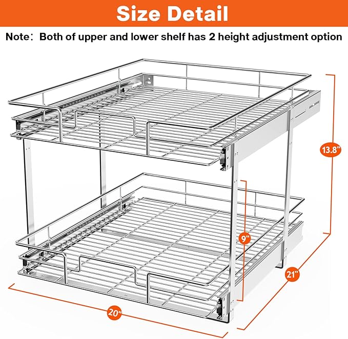 ROOMTEC Individual Pull Out Cabinet Organizer (20" W x 21" D), 2 Tier Spice Rack Organizer for Cabinet, Slide Out Drawer Pantry Shelf Organization and Storage for Kitchen Bathroom